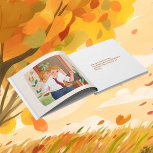 K&ouml;nnte beinhalten: Ein aufgeschlagenes Bilderbuch mit einer Zeichnung, auf der ein Kind einen Elternteil huckepack nimmt. Der Text auf der rechten Seite lautet: Dad works hard every day. Sometimes I don't see everything he does, but I know it's all for our family.