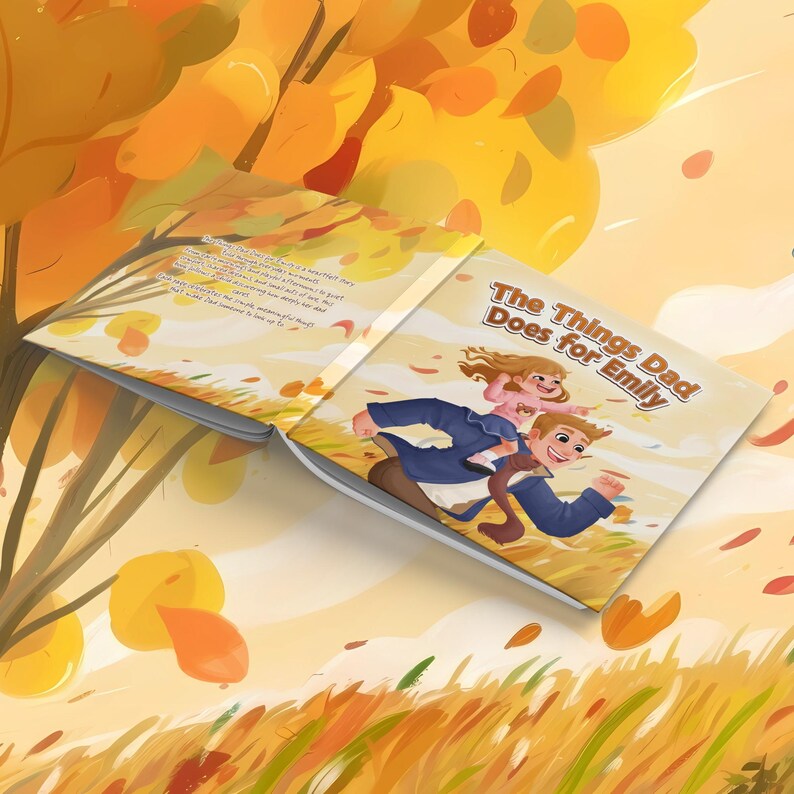 K&ouml;nnte beinhalten: Ein Kinderbilderbuch mit dem Titel The Things Dad Does for Emily, das eine Illustration einer Person zeigt, die ein Kind auf den Schultern tr&auml;gt. Das Cover zeigt eine warme Herbstszene mit gelben und orangen Bl&auml;ttern, und die R&uuml;ckseite enth&auml;lt einen kurzen Text, der die Themen Liebe und famili&auml;re Verbundenheit zusammenfasst.