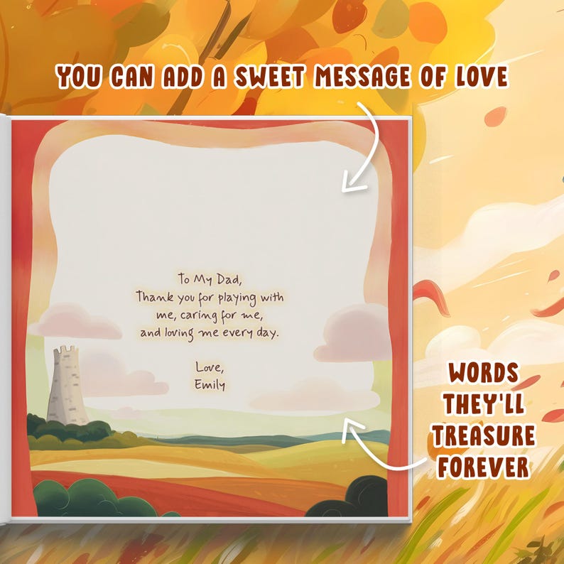 K&ouml;nnte beinhalten: Eine Buchseite mit einer Landschaftsillustration aus sanften H&uuml;geln, einem Steinturm und Wolken. In der Mitte steht der Text: To My Dad, Thank you for playing with me, caring for me, and loving me every day. Love, Emily. Die Seite hat einen roten Rand.