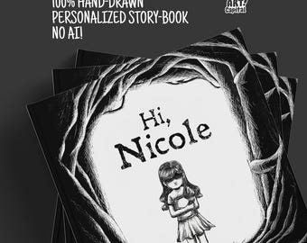 Könnte beinhalten: Ein schwarz-weißes personalisiertes Bilderbuch mit dem Text Hi, Nicole auf dem Einband. Die Illustration zeigt eine junge Person in einer Waldlichtung. Der Einband enthält zudem den Text 100% HAND-DRAWN PERSONALIZED STORY-BOOK NO AI! und ein Story Art Capital Logo.