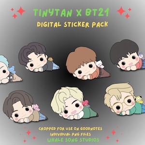 May include: A digital sticker pack featuring seven cartoon characters from the TinyTan x BT21 collection. Each character is depicted lying down, with various hair colours and outfits. The text "TINYTAN X BT21 DIGITAL STICKER PACK" is at the top.