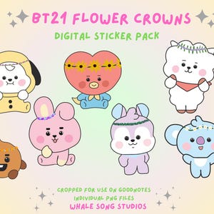 Könnte beinhalten: Digitales Sticker-Paket mit sieben BT21-Charakteren mit Blumenkränzen. Die Charaktere sind in verschiedenen Farben, darunter Gelb, Rosa und Blau, mit dem Text "BT21 FLOWER CROWNS DIGITAL STICKER PACK" oben. Die Sticker sind für GoodNotes konzipiert.