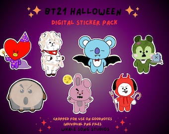 May include: A digital sticker pack featuring BT21 characters dressed in Halloween costumes. The characters include Koya the koala, RJ the alpaca, Shooky the cookie, Mang the dog, Chimmy the chick, Tata the alien, and Cooky the bunny. The stickers are cropped for use on Goodnotes and are individual PNG files.