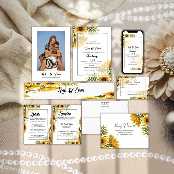 Sunflower, Fall Invitation Wedding Pack, Digital Printable, Fall 5x7 Invitation, Mobile Invitation, Wedding Belly Band W2525