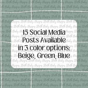 May include: An image with a light green background featuring the text "15 Social Media Posts Available in 3 color options: Beige, Green, Blue."
