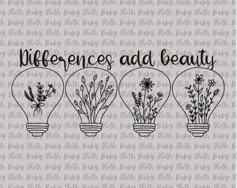 Difference Adds Beauty Floral Lightbulbs  Sublimation Design PNG
