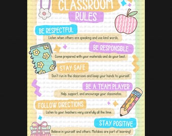 Colorful Classroom Rules Poster: Girly Decor (Digital Download, PNG/JPG Design)