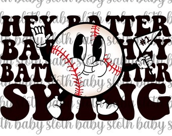Retro Hey Batter Swing Baseball Game Day Sublimation Design Digital PNG