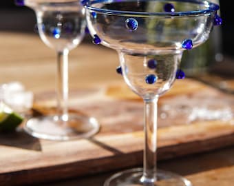 Handmade Polka Dot Margarita Cocktail Glasses | Dotted Hand Blown Blue Drinking Glass | Set of 2 by Gökotta