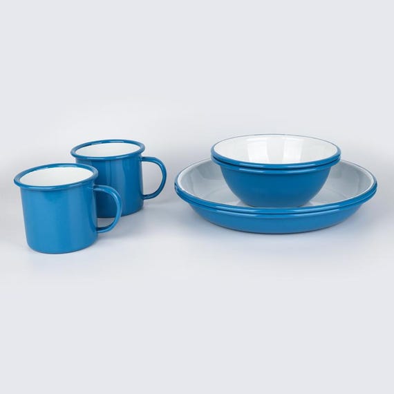 Gletscher Blau Emaille Geschirr Set | Camping Geschirr fr Zwei - Etsy.de