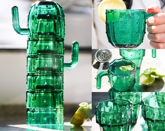 Handmade Cactus Stackable Cocktail Glasses | Set of 6 | Green Glass Saguaro Mid Century Drinking Cups Gift Set | by Gökotta