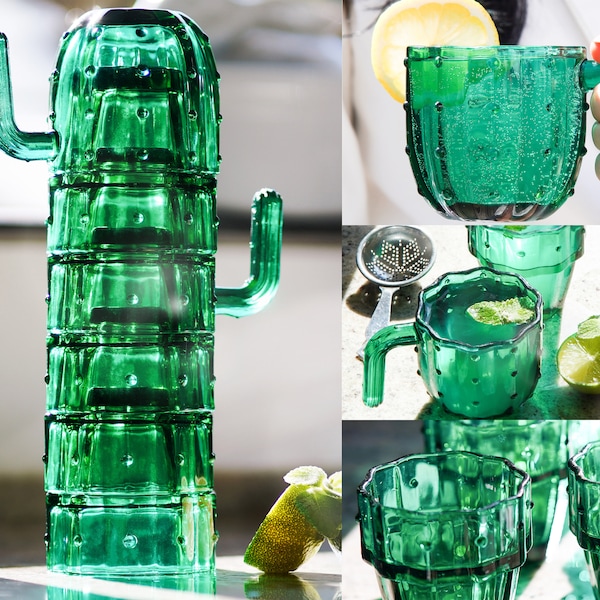 Handmade Cactus Stackable Cocktail Glasses | Set of 6 | Green Glass Saguaro Mid Century Drinking Cups Gift Set | by Gökotta