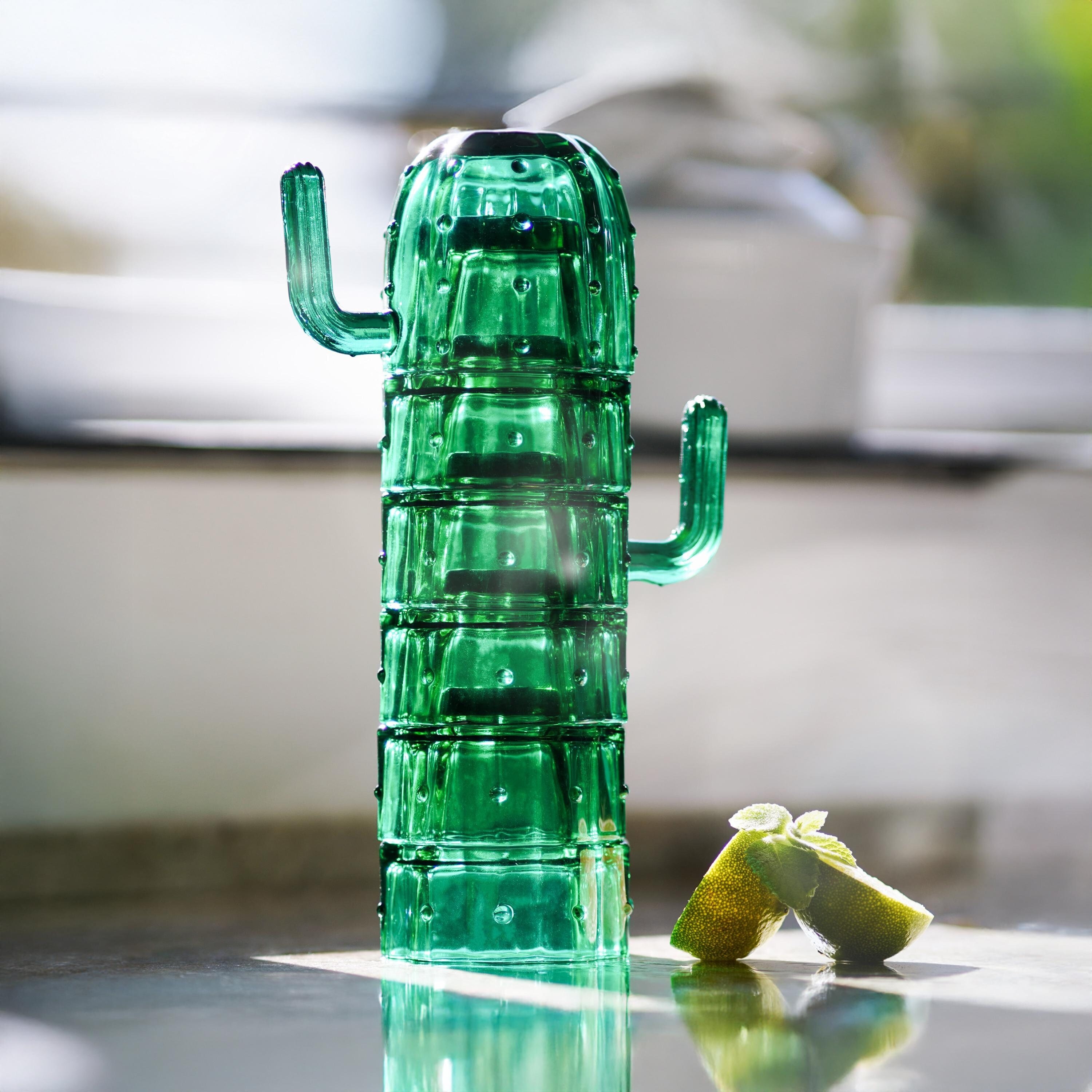 Handmade Stackable Cactus Glass Cocktail Glasses | Set of 6 | Green Cups Mugs Saguaro Mid Century Drinking Glassware Gift Set | by Gökotta
