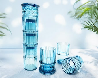 Set of 4 Handmade Roman Column Stackable Drinking Glasses | Blue Stacking Space Saving Nesting Tumblers Cocktail Glass Cups