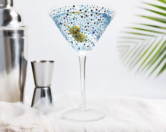 Paire de grands verres à Martini à motif pointillé | Motif à pois bleu haut de gamme 100 % verre cristal | Ensemble de 2 par Gökotta