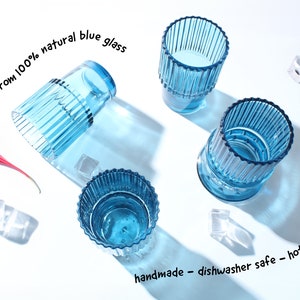 made from 100% natural blue glass, handmade, dishwasher safe, hot& cold drinks