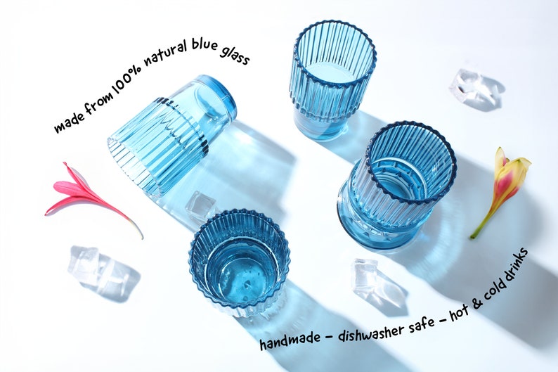 made from 100% natural blue glass, handmade, dishwasher safe, hot& cold drinks