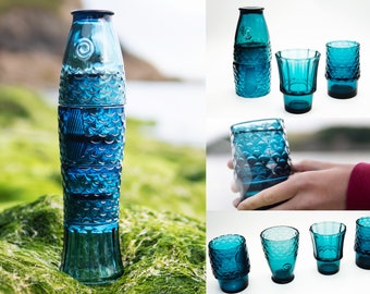 Koi Fish Stacking Glasses |  Handmade Cocktail Glassware Japanese Carp Seaside Cups Gift Set | Blue Glass | Set of 4 | by Gökotta