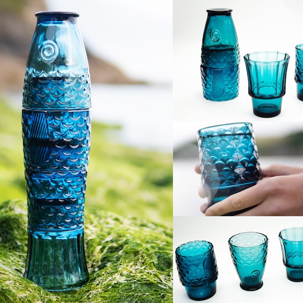 Koi Fish Stacking Glasses |  Handmade Cocktail Glassware Japanese Carp Seaside Cups Gift Set | Blue Glass | Set of 4 | by Gökotta