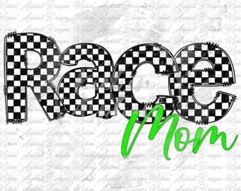 Race Mom / Race Wife (Green) Checkered Doodle Lettering - Digital File Only