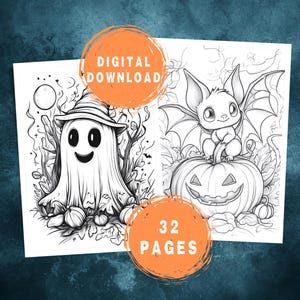 Op de afbeelding: Een zwart-wit kleurboek met 32 pagina's met Halloween-illustraties van een spook en een vleermuis. De tekst "DIGITAL DOWNLOAD" en "32 PAGES" is zichtbaar op de omslag.