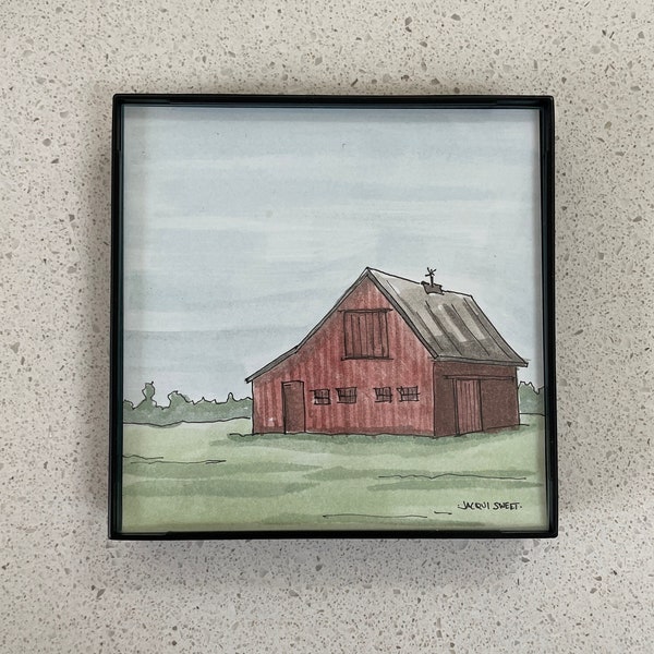 Salt Shed Red Barn - original ink & watercolor mini landscape