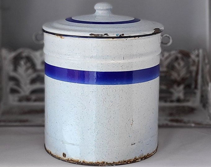 Vintage White Enamel Bucket With Lid and Blue Stripe Accent Enamelware