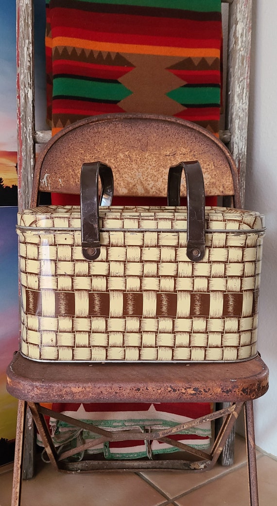 Vintage Tin Picnic Metal Picnic Basket Gem