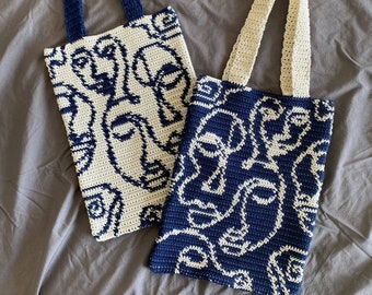 crochet bag pattern - crochet tote bag - abstract faces tote bag