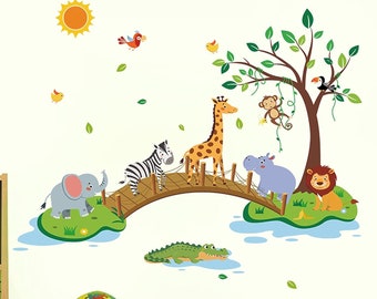 Wandtattoo Dschungel Tiere Baum Wandaufkleber Elefant Giraffe Löwe auf Brücke Wandsticker Babyzimmer Kinderzimmer Schlafzimmer Wanddeko