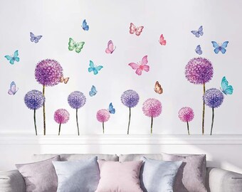 Wandtattoo Löwenzahn,Lila Wandsticker Kinderzimmer,Wandtattoo Pusteblume für Wohnzimmer,Bunt Schmetterling und Blumen Pflanzen Wandaufkleber