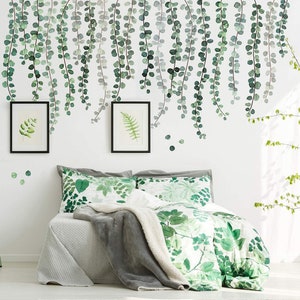 3 Leaves Green Plants Eucalyptus Vine Leaves Wall Decal Detachable Watercolor Wall Art Decor Peel and Stock Wall Stickers