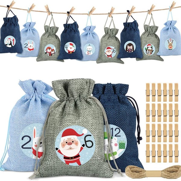 Adventskalender zum Befüllen Säckchen, 24 Weihnachtskalender Stoffbeutel, Adventskalender Wiederverwendbar, Weihnachtskalender Jutesäckchen