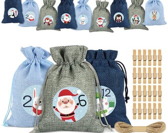 Adventskalender zum Befüllen Säckchen, 24 Weihnachtskalender Stoffbeutel, Adventskalender Wiederverwendbar, Weihnachtskalender Jutesäckchen