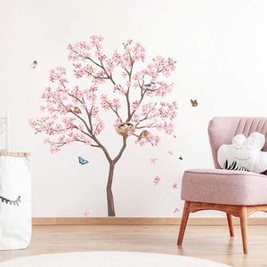 Wall Decal Pink Cherry Blossom Wall Sticker Birds on Tree Wall Sticker Flowers Pink Wall Sticker Living Room Bedroom Office Wall Deco (H 100 cm)