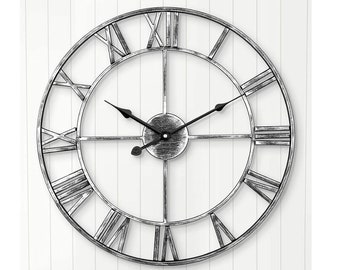 Leise Wanduhr, europäisches Bauernhaus, Vintage-Uhr mit römischen Ziffern, 40 cm, Nicht tickend, batteriebetrieben, Metallskelett