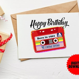 Sofort Download Geburtstagskarte zum 60. Geburtstag mit Retro Cassette Tape Born in 1962 Limited Edition