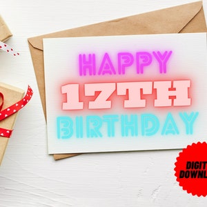 17. Geburtstag Digital Download Druckbare Karte mit leuchtendem Text für Sohn Geburtstag in PNG und PDF