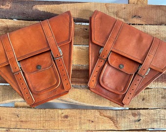 Cafe Racer Motorcycle Side Saddle Bags Luggage Tool Bag Genuine leather 1Pair