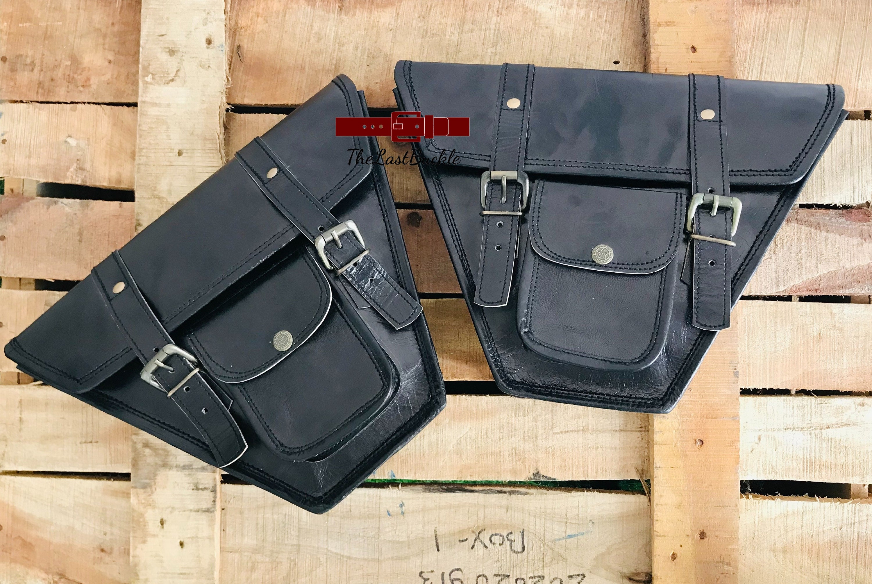 thumbnail image 2 of Handmade Black Leather Motorcycle Saddle Bags - 3 Side Panniers Luggage Tool Bags 2 of 6