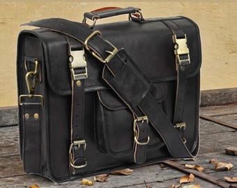Black Leather Messenger Bag, Laptop Satchel, Crossbody Work (15")