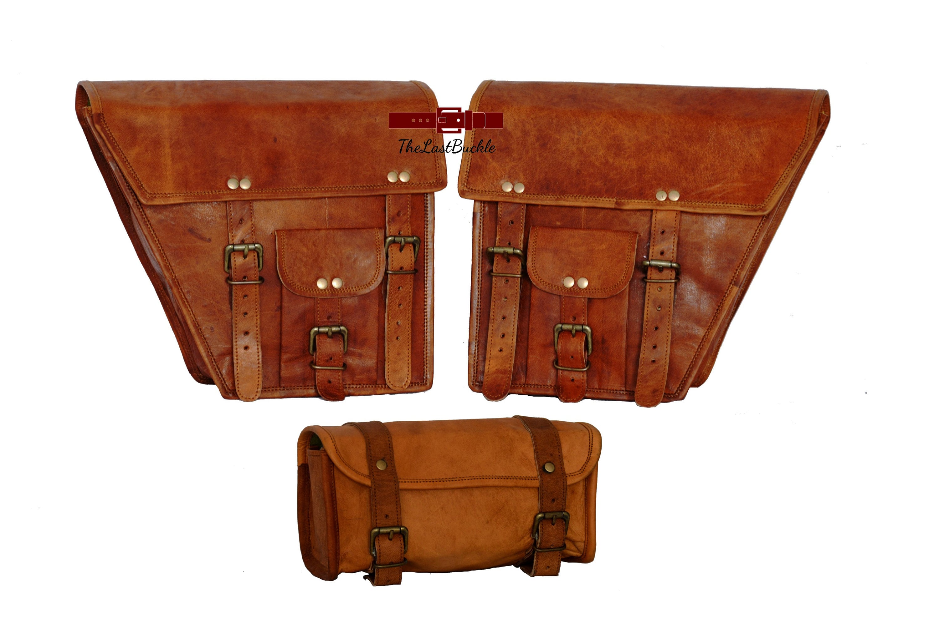 Leather Motorcycle Saddlebags: Brown Side Panniers, Classic Bike Bag (Set of 2)