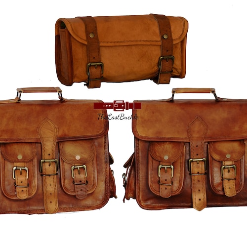 Leather Bag Saddle Motorcycle Pouch Brown Pannier 3 Saddlebag Etsy