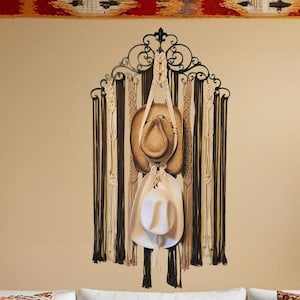 Rustic Western Charm: Metal & Macrame Cowboy Hat Organizer, Macrame Cowboy Hat Storage Solution, Unique Metal and Macrame 4-Hat Wall Art