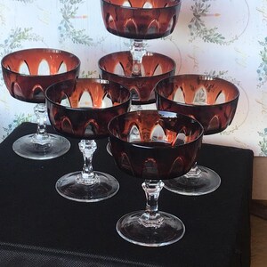 Deep Red Cristal D’Arques (6) Champagne Parfait Sherbet Glasses Rubilux GOTHIC Pattern Cut to clear Arches Signed FRANCE No Chips Cracks