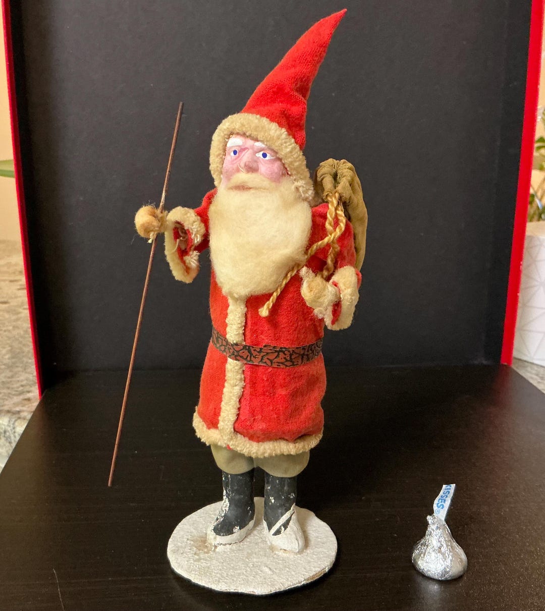 Antique Belsnickle Santa Figurine Clay Face Red Felt Coat Sack on Back ...
