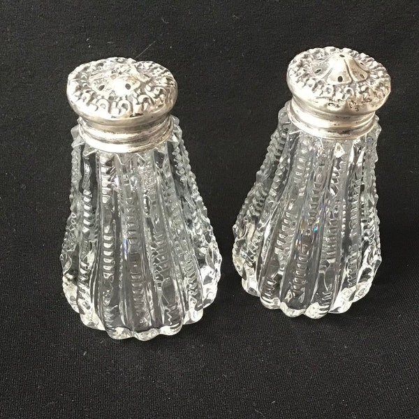 Antique Nouveau Sterling Silver Tops Repousse Cut Crystal Glass Salt Pepper Shakers. Larger 2.25” Tall 2” base Marked STERLING. A rare pair