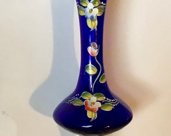 Vintage Bohemian Cobalt Blue Glass Bud Vase W Hand Painted Flowers, Gilt Fluted Trim & Gilt Band,  8” Tall. Pristine. Mother’s Day Gift.