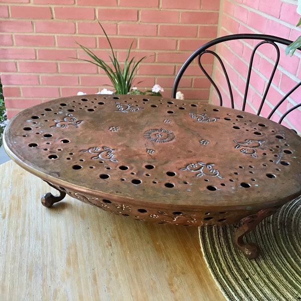 French 19thC Copper Hammered Food Warmer 2 piece w Engraved Floral and pierced circles on lid and body 4 Riveted Ball Feet 2 Votive ANTIQUE