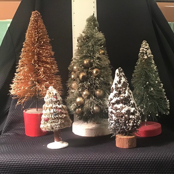 Vintage (5) Christmas Bottle Brush Trees (4) are Japan Putz Flocked VARIOUS w Mica, Snow & Mercury Glass Ornaments and (1) Marked Germany